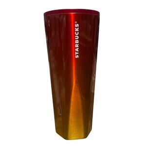 Starbucks Tumbler Cup Red Orange Yellow Ombre Metallic Tall 24oz Straw Lid